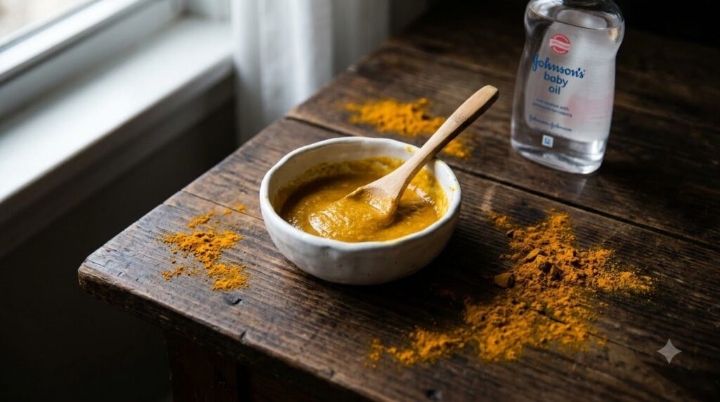 Small bowl of turmeric and baby oil paste next to a pile of turmeric powder and a bottle of baby oil
