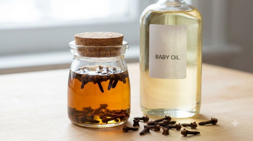 Small jar with baby oil infusing whole cloves next to a bottle of baby oil and a pile of whole cloves