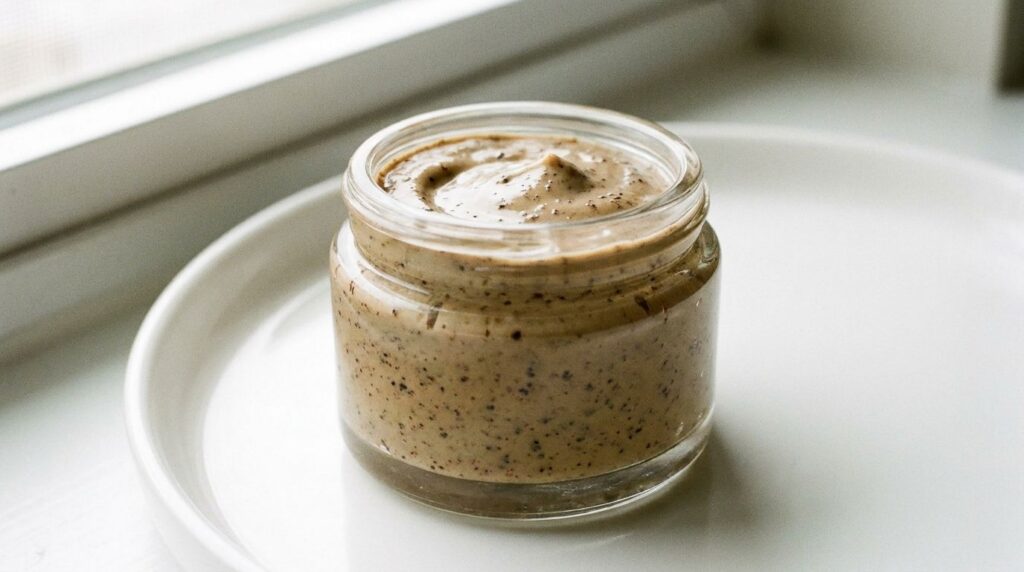 A close-up of the finished DIY anti-aging cream in a small elegant glass jar with a creamy rich texture visible perhaps