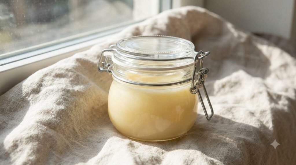 A close-up of a small clean airtight glass jar filled with the homemade Vaseline and Johnson s Baby Oil mixture placed o