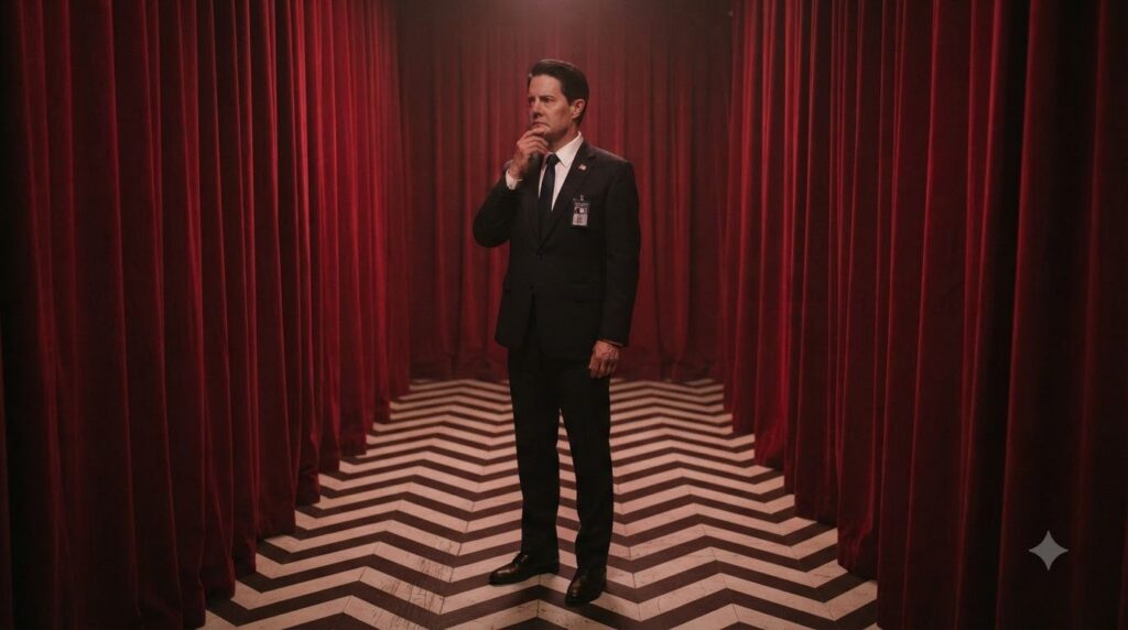 A surreal scene from Twin Peaks featuring Agent Cooper in the Red Room with the distinctive chevron floor and red curtai