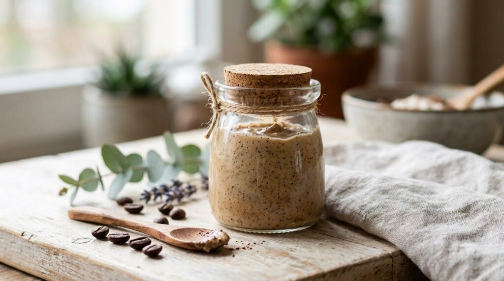 A small clear glass jar filled with a light brown creamy homemade facial mask placed on a smooth light-colored surface w