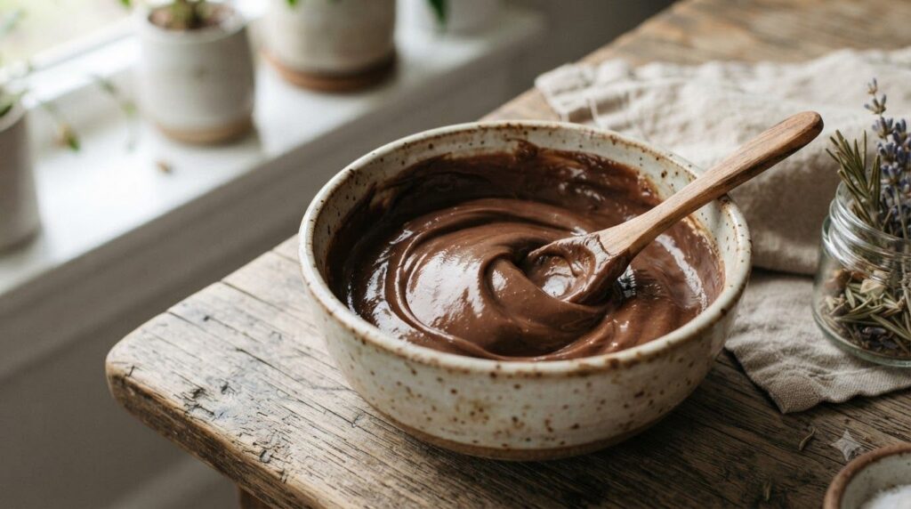 A ceramic bowl containing a freshly made thick brown hair mask with a spoon resting in it The texture should appear smoo