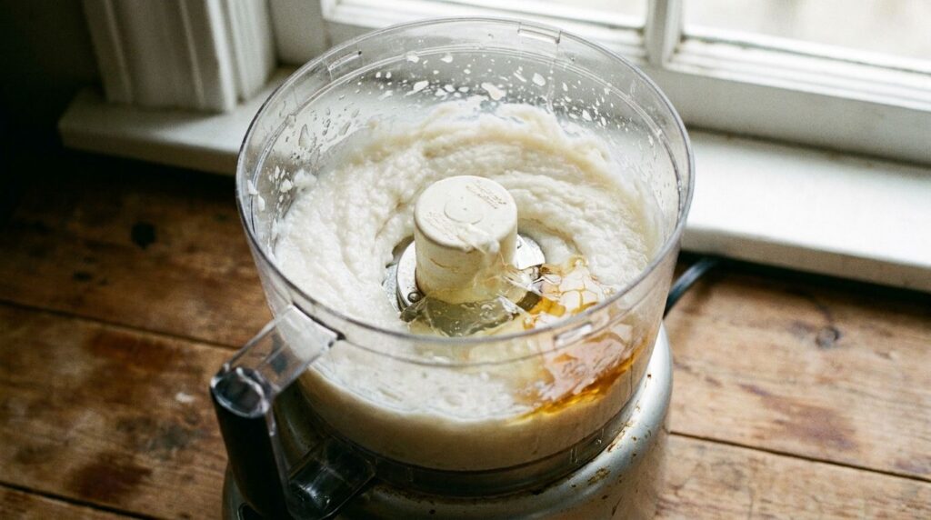 A close-up shot of a small blender or food processor actively blending rice aloe vera gel vitamin E oil and coconut oil