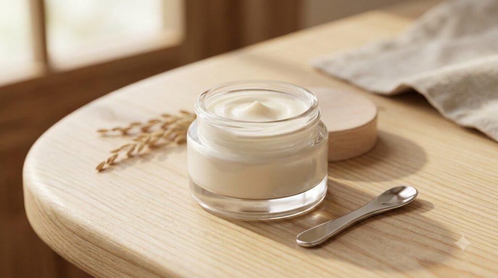 A small elegant glass jar of finished Korean Rice Cream placed on a light wooden surface with a small cosmetic spatula b