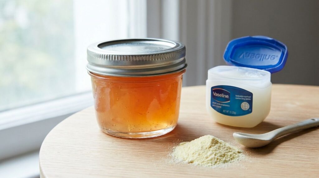 A small clean airtight container filled with the freshly made orange-tinted Vaseline and Vitamin C jelly next to a crush