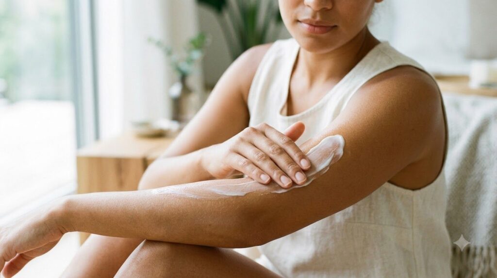 A woman gently massaging a creamy white body mix onto her arm with soft glowing skin visible The background is blurred f