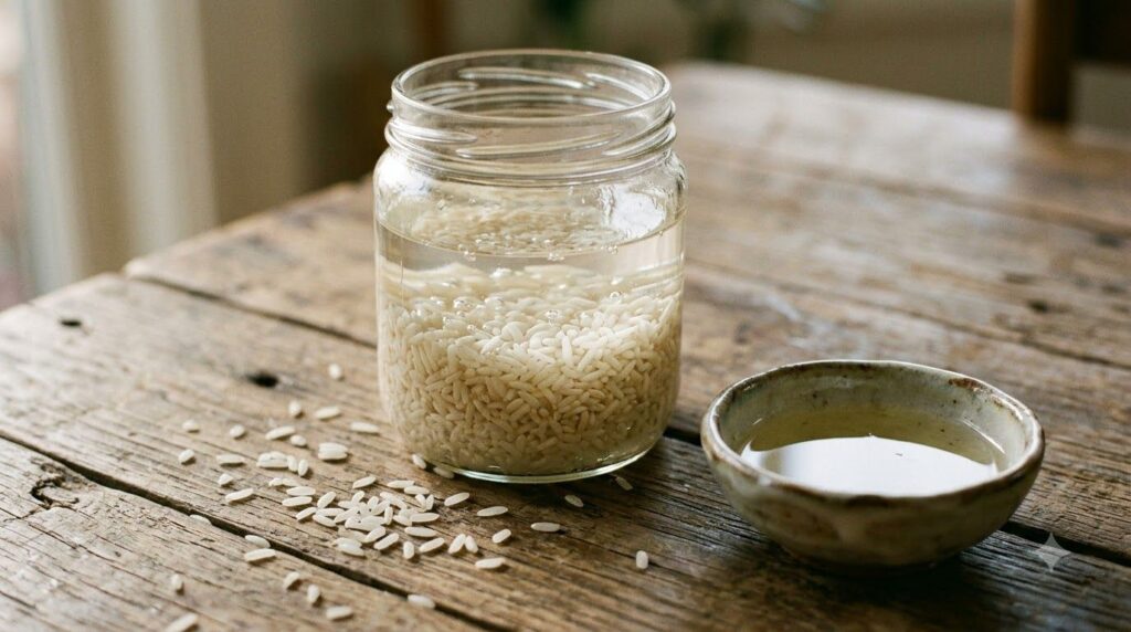 A glass jar filled with raw rice soaking in clear oil surrounded by scattered rice grains and a small bowl of oil illust
