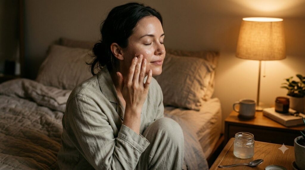 A woman applying a thin layer of the homemade Glow Jelly to her clean face before bedtime with a soft natural glow on he