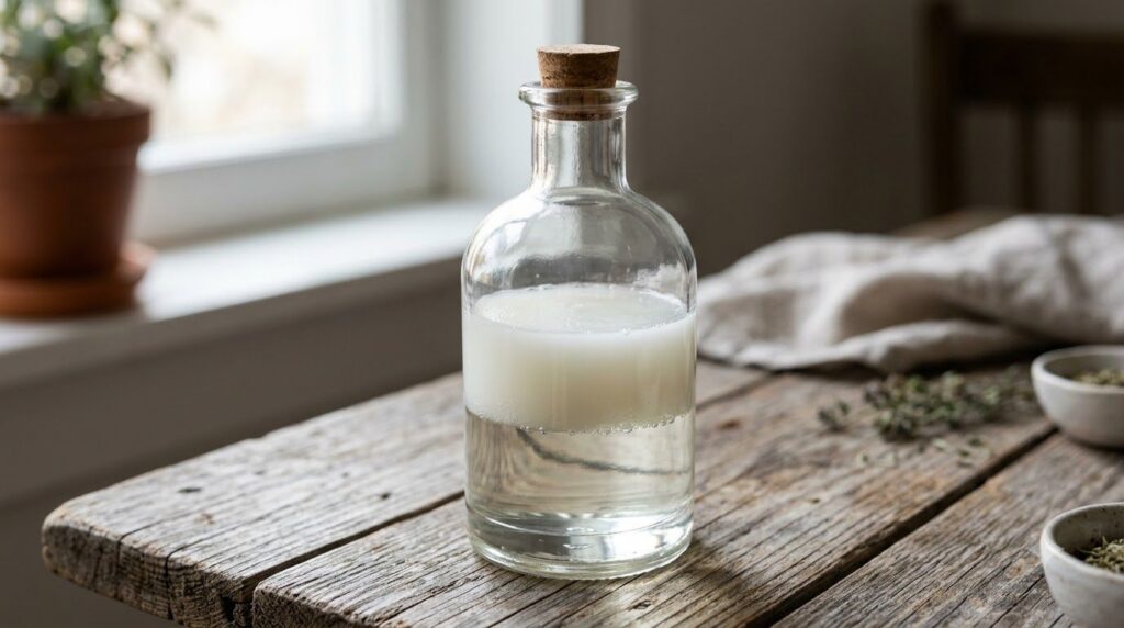 A clear glass bottle filled with a milky white and clear layered liquid representing the mixed wine vinegar and baby oil