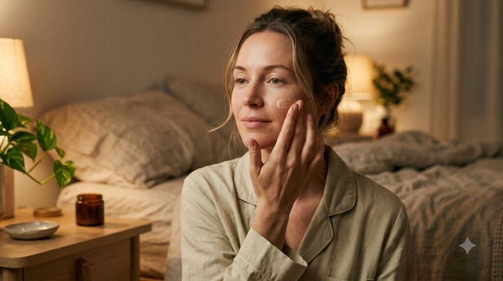 A woman gently applying a small amount of the balm to her face at night showing a soft radiant effect