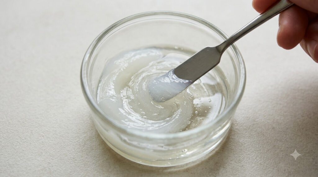 Close-up of petroleum jelly and baby oil being mixed in a small glass container with a spatula