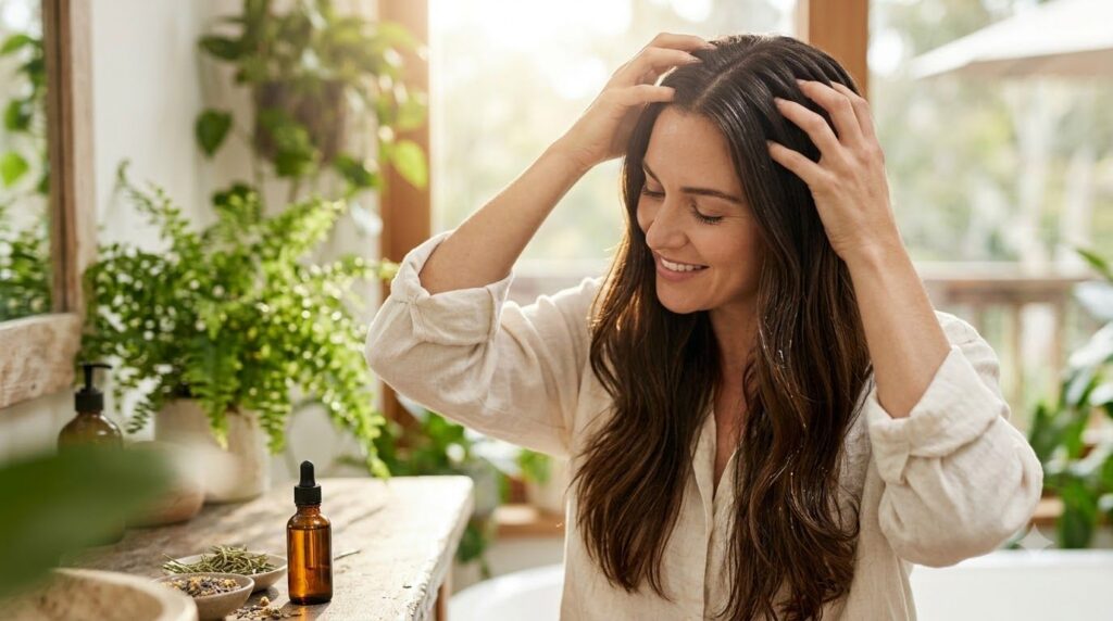 A woman gently massaging the homemade infused oil into her scalp with a happy relaxed expression Her hair is natural and