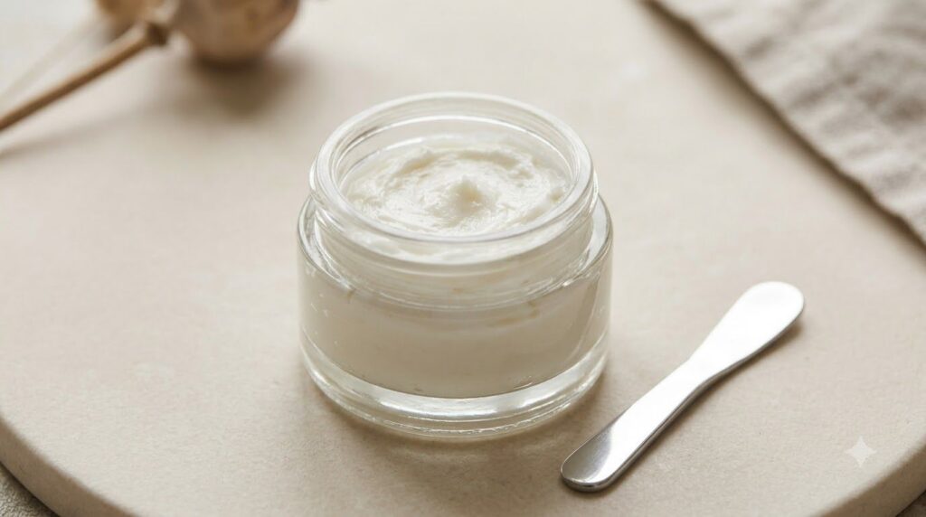 A small clear glass jar filled with a creamy white balm with a cosmetic spatula resting beside it The texture of the bal