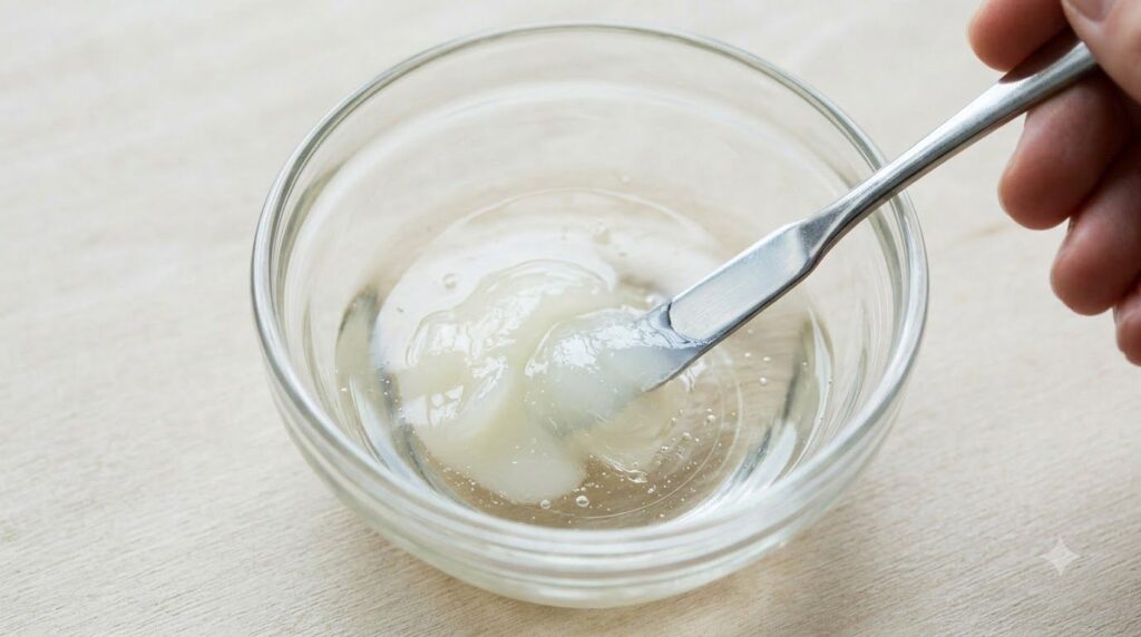Close-up of a small glass bowl with Vaseline and baby oil being mixed with a cosmetic spatula showing a smooth creamy te