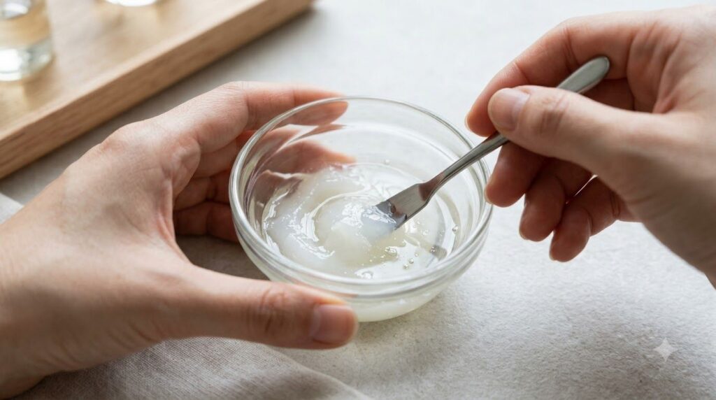 Hands mixing Vaseline and baby oil in a small glass bowl with a spatula with ingredients ready on a clean surface