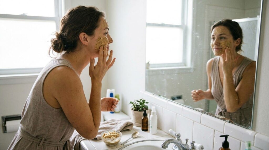 A woman gently applying a homemade mask to her face in a clean bathroom setting