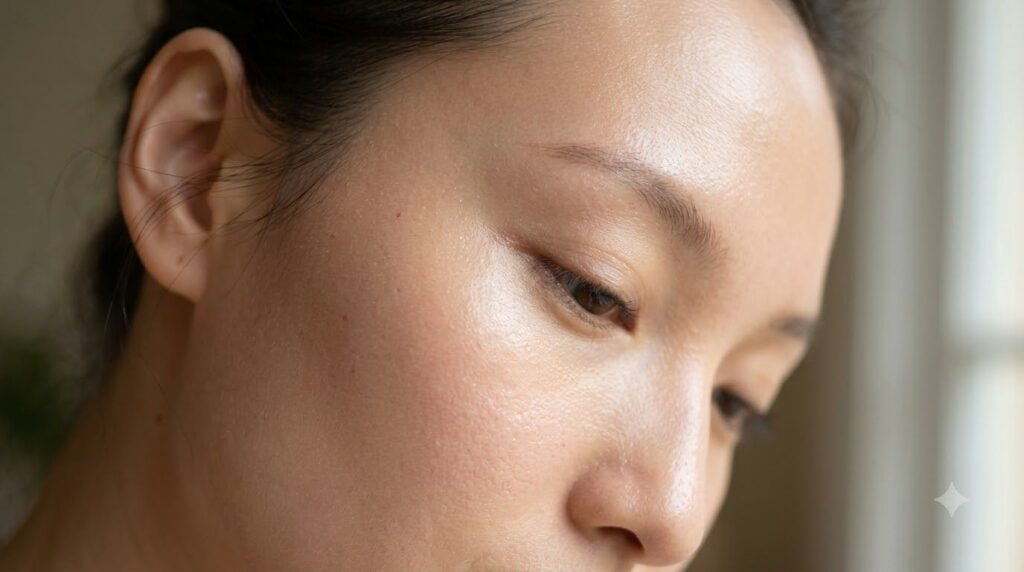 Close-up of a woman s radiant and healthy glowing skin showing a smooth even complexion