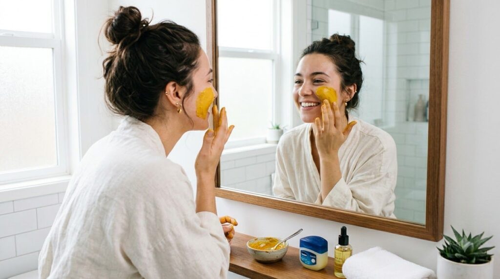 A woman gently applying a DIY face mask made with natural ingredients to her cheek in a bright clean bathroom setting