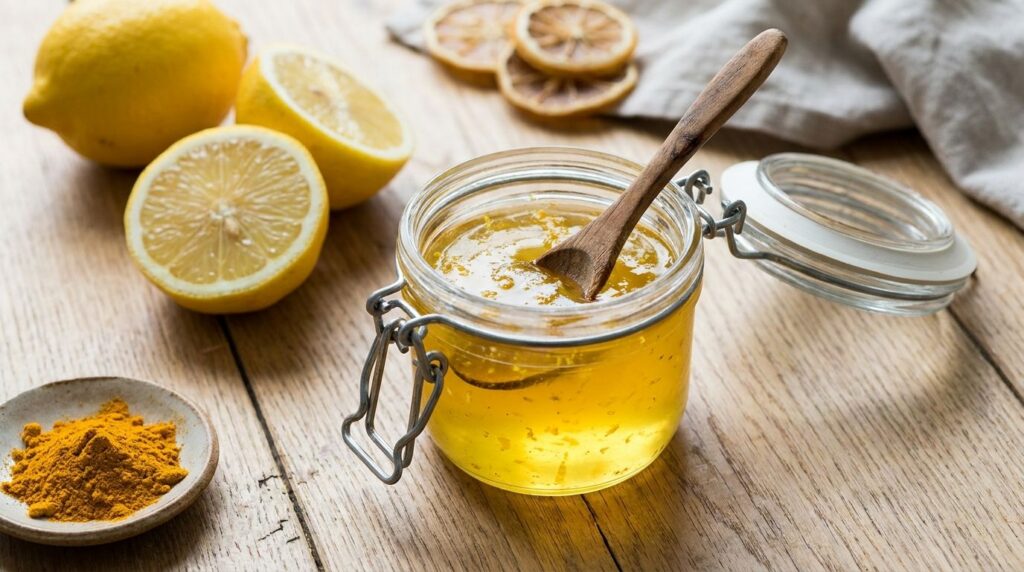 Small jar of yellow DIY lemon turmeric Vaseline jelly with a small spoon next to fresh lemons and turmeric powder