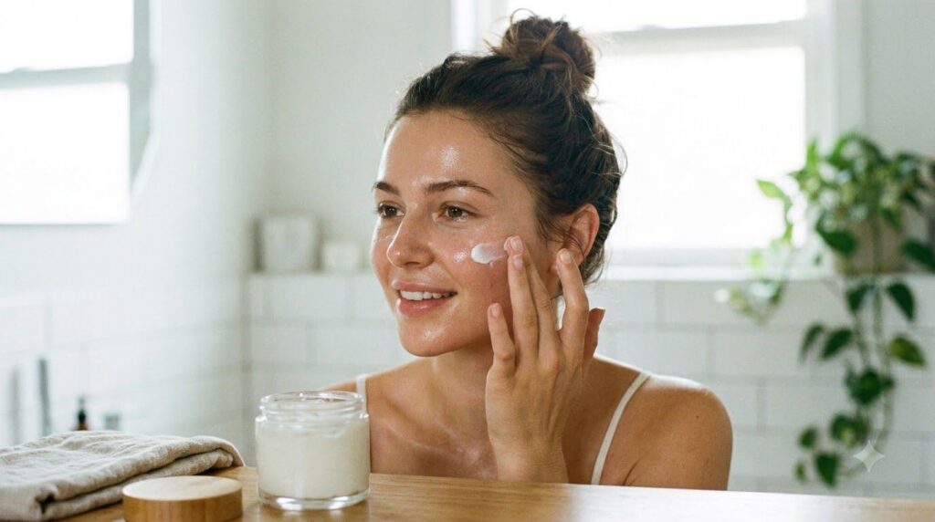 A woman gently applying homemade cream to her face with a soft natural glow on her skin She has a serene expression
