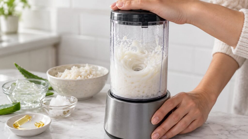 Hands operating a small personal blender blending cooked rice aloe vera gel coconut oil and vitamin E into a smooth crea