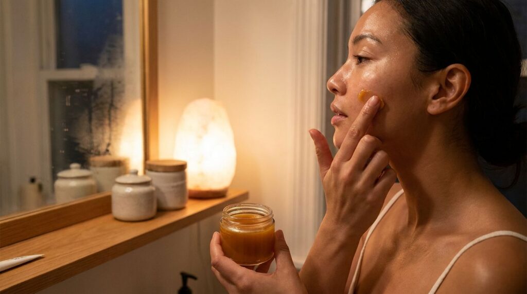 A person gently applying a small amount of the orange balm to their clean face as part of their night routine