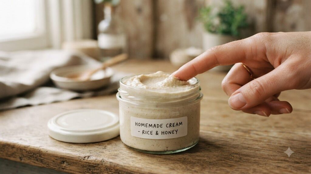 A small decorative jar filled with a creamy light beige homemade beauty mix with a finger gently testing the smooth text