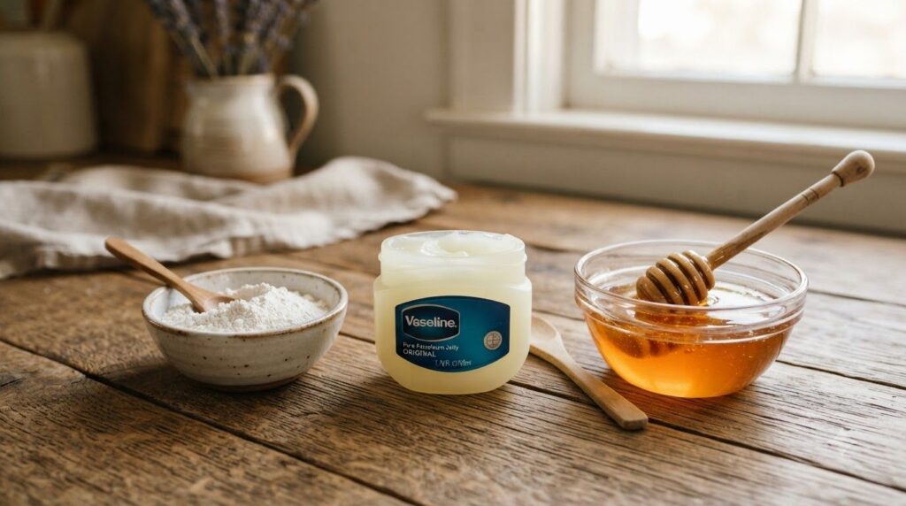 A still life arrangement of a small jar of Vaseline a small bowl of liquid honey and a small bowl of fine white rice pow