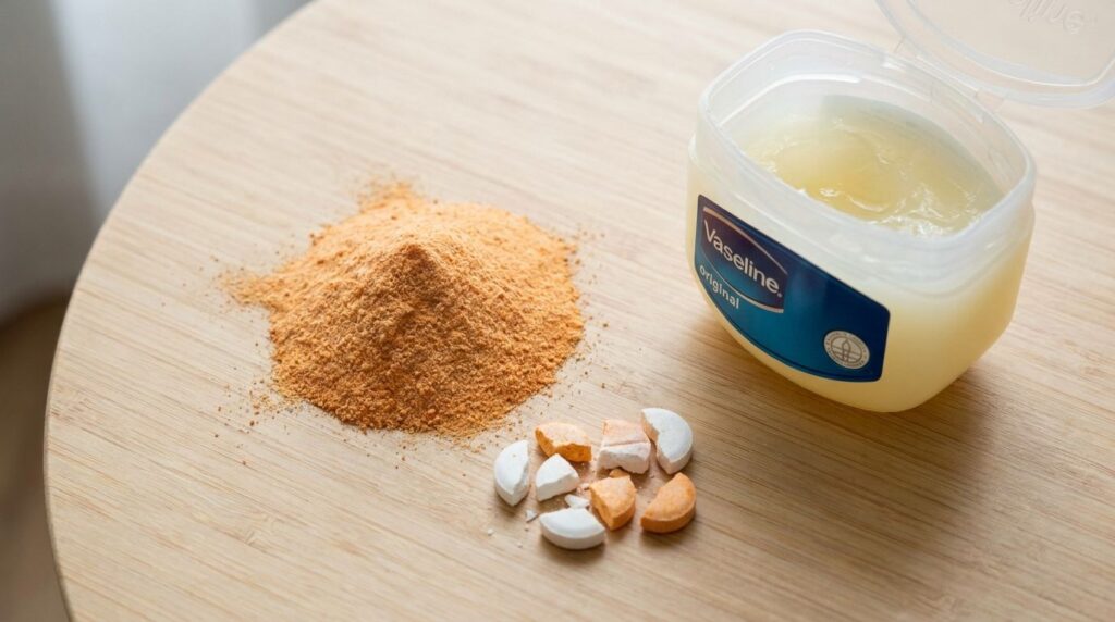 Close-up of Vitamin C powder and crushed tablets next to a tub of Vaseline emphasizing the simple ingredients