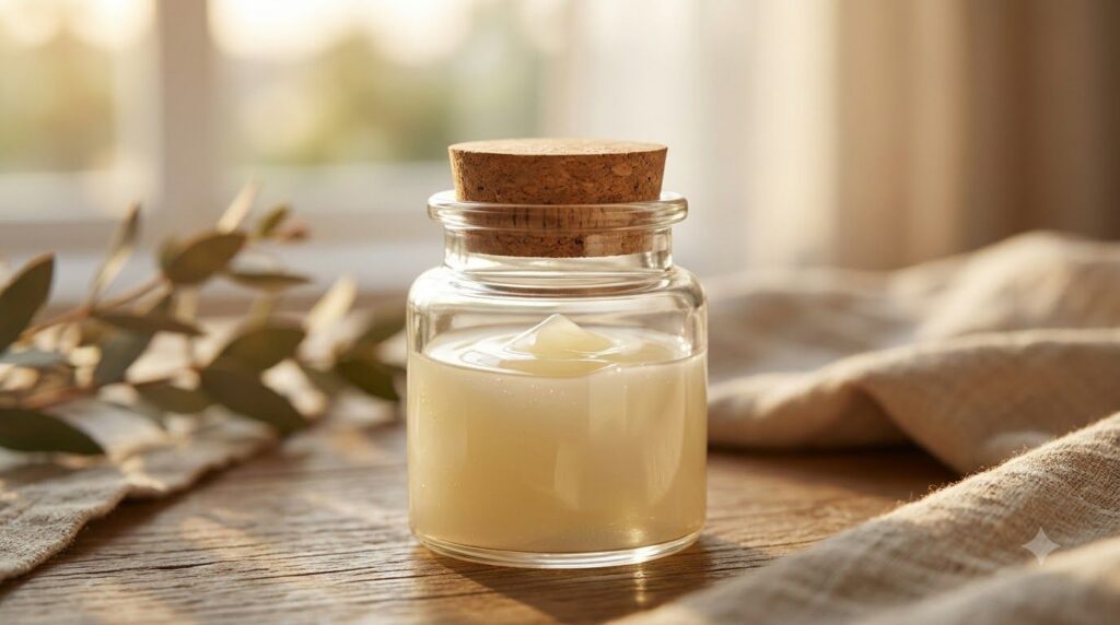 A small clear glass jar filled with a smooth glossy pale yellow gel The texture looks rich and hydrating ready for appli