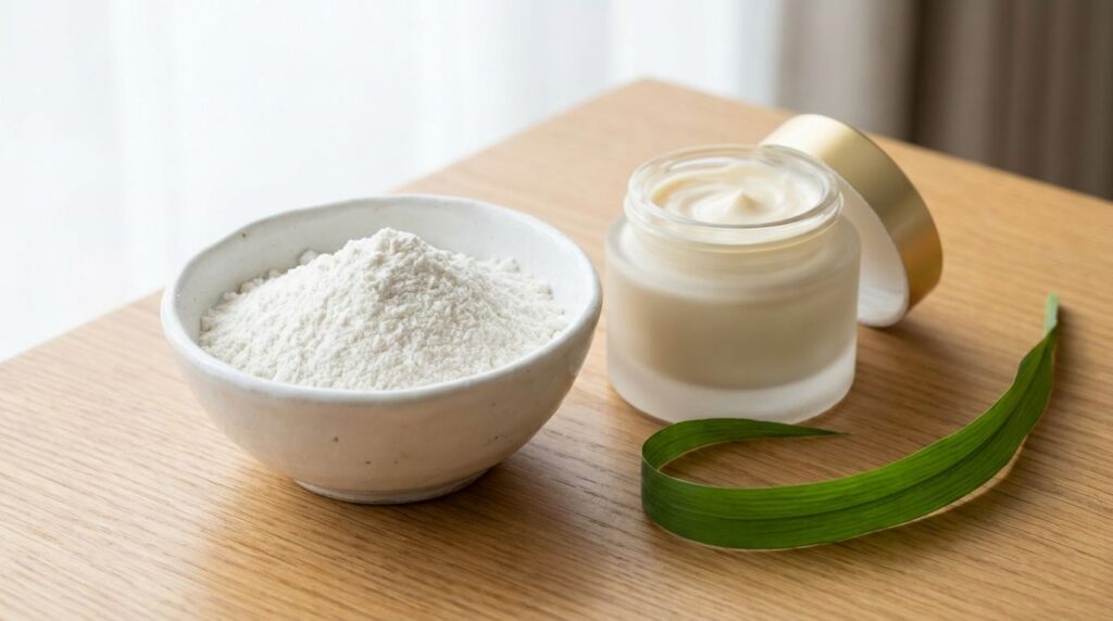Close-up of a small bowl containing fine white rice powder next to a jar of night cream and a fresh rice plant leaf on a