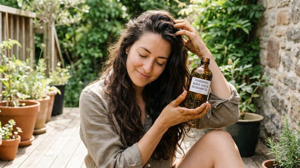 A woman gently massaging homemade black seed and rosemary oil into her scalp and hair with her fingertips in a soft natu