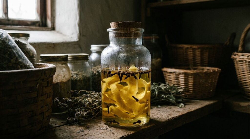 A close-up of a glass jar filled with baby oil lemon peels and whole cloves infusing on a shelf in a cool dark place