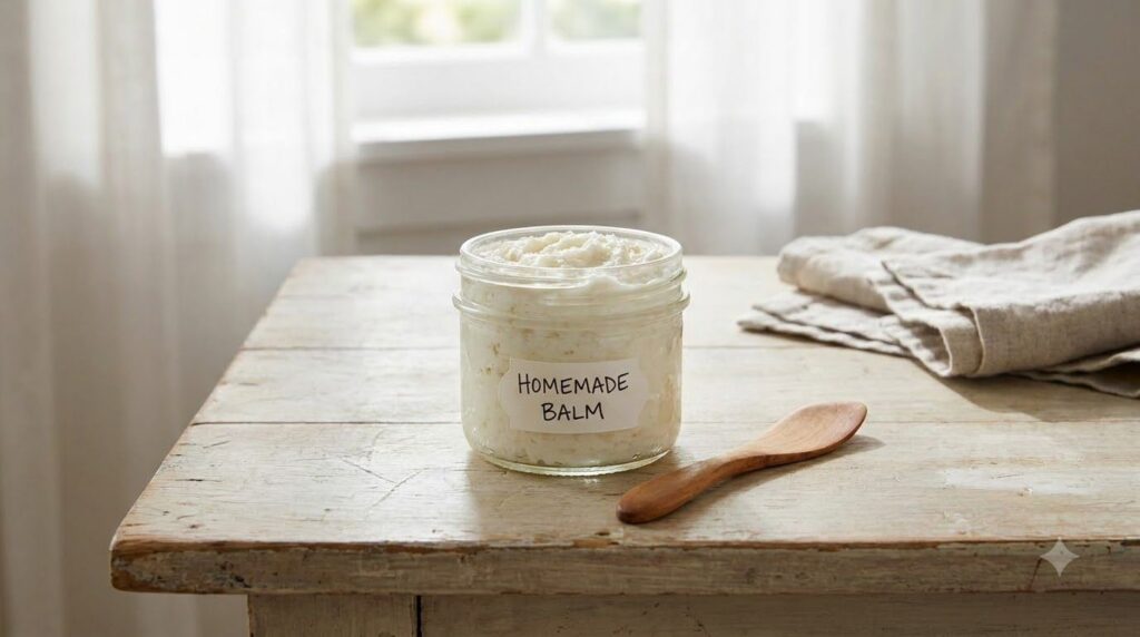 A small glass jar filled with the homemade Vaseline baby oil and baking soda cream with a small scoop or spatula resting
