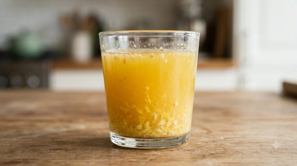 Close-up of a small glass containing a yellow-orange liquid with visible specks of grated ginger and minced garlic repre