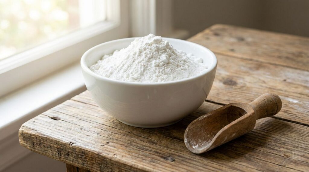 A bowl of white potato starch powder with a small spoon next to it on a wooden surface with some fresh potatoes blurred
