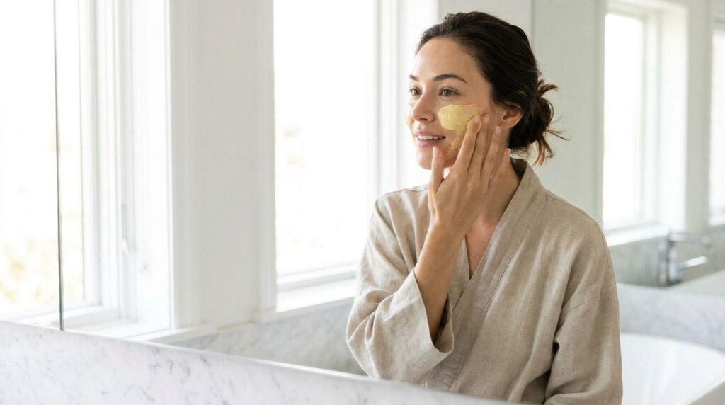 A woman gently applying a yellow face mask to her clean skin with a soft content expression in a well-lit bathroom setti