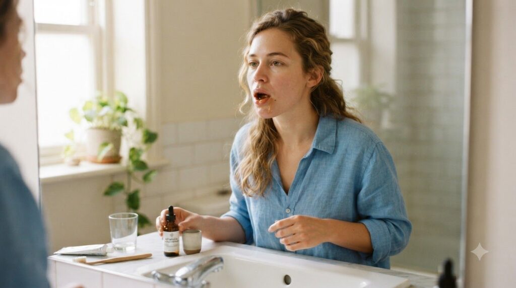 A person gently swishing a liquid in their mouth demonstrating the use of the mouth rinse