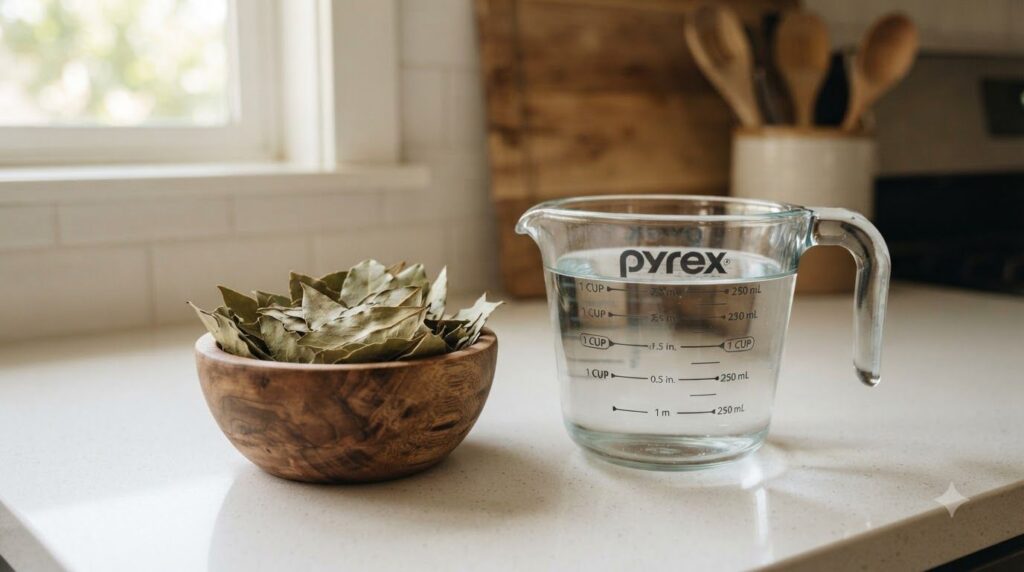 A bowl of dried bay leaves next to a measuring cup of filtered water