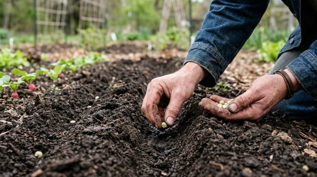 A gardener s hands gently pressing small pea seeds into cool prepared garden soil in early spring The soil is dark and r