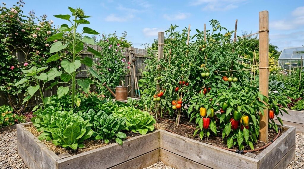 A vibrant raised garden bed filled with a mix of sun-loving vegetables like tomatoes and peppers with some leafy greens