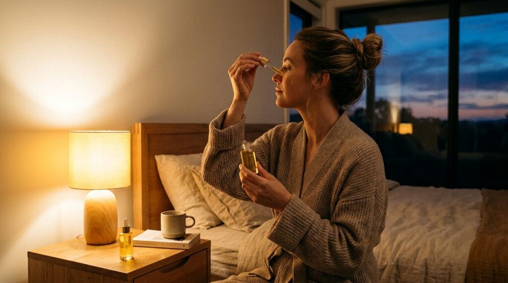 A woman gently applying a small amount of oil to her face before bed with soft ambient lighting Her skin looks smooth an