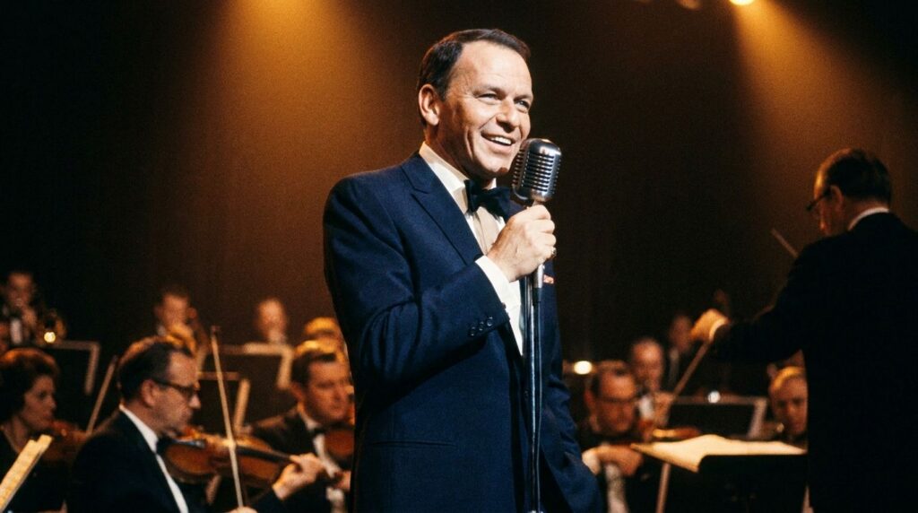 Frank Sinatra performing on stage with a microphone spotlight on him looking charismatic in a suit