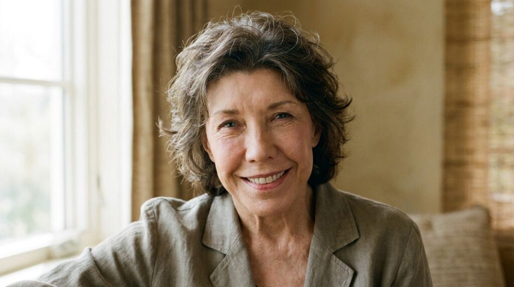 A classic portrait of Lily Tomlin perhaps in a more formal setting or as herself smiling warmly