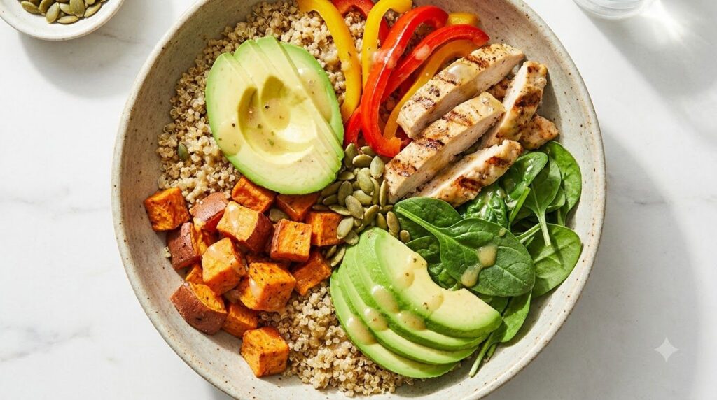 A vibrant colorful protein power bowl brimming with various vegetables grilled chicken quinoa and a drizzle of dressing