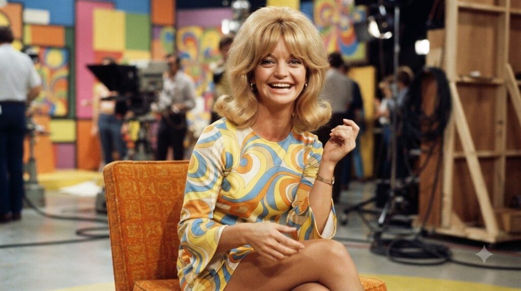 A real publicity photo of Goldie Hawn from her Rowan Martin s Laugh-In era showing her iconic blonde bob and playful exp