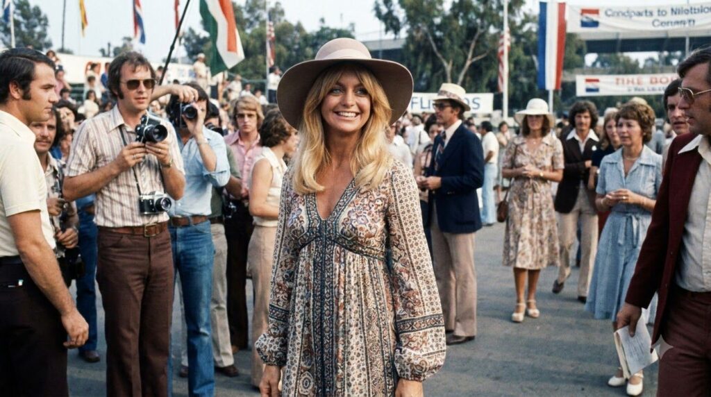 A real archival photo of Goldie Hawn attending a public event in the 1970s showcasing her personal style and enduring ch