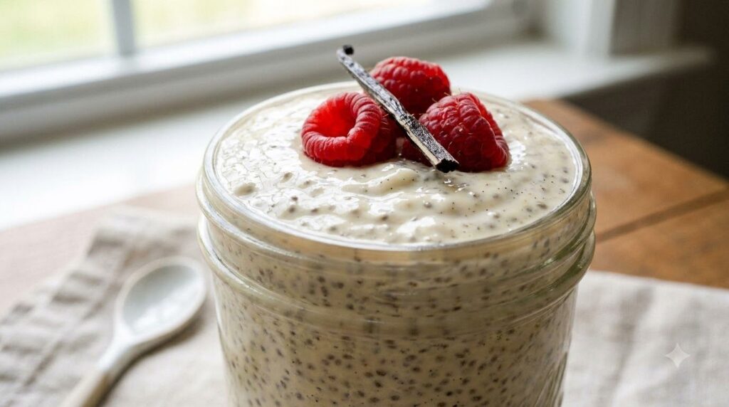 A close-up of a glass jar filled with creamy vanilla bean protein chia pudding topped with fresh raspberries and a vanil