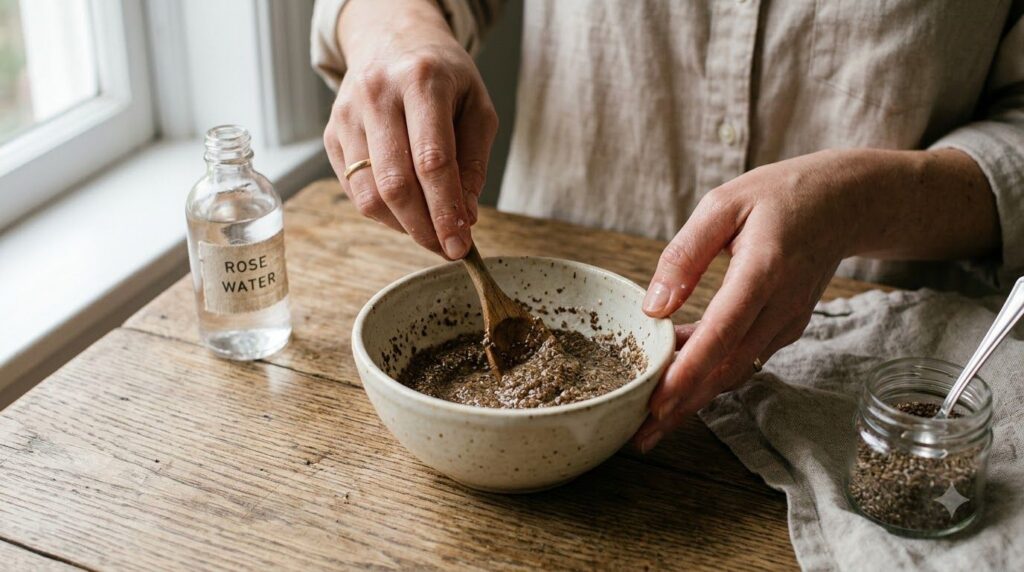 Hands mixing the finely ground seed powder with rose water in a small ceramic bowl to form a smooth mask paste